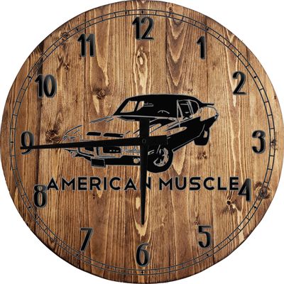 American Muscle Classic Car Large Round Wood Wall Clock Decor 18 Inch Gray Wall Art