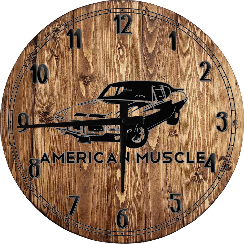 American Muscle Classic Car Large Round Wood Wall Clock Decor 18 Inch Gray Wall Art