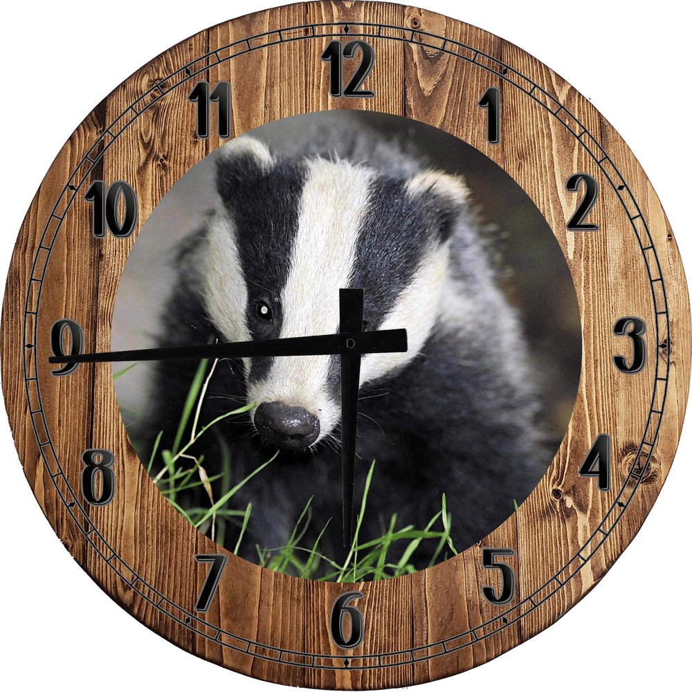 Badger in The Field Large Round Wood Wall Clock Decor 18 Inch Brown Wall Art