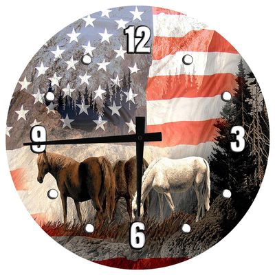 American Flag Horses Large Round Wood Wall Clock Decor 18 Inch Wall Art