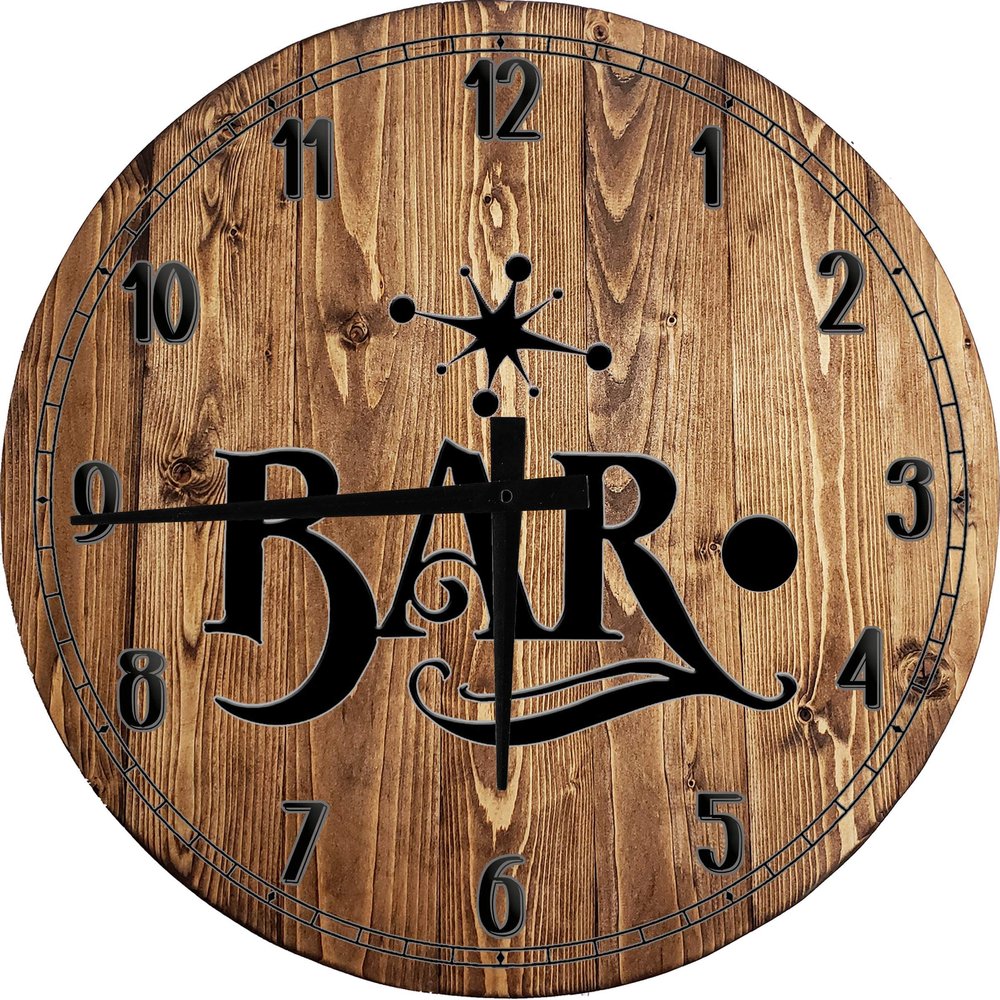 50's Retro Bar Large Round Wood Wall Clock Decor 18 Inch Brown Wall Art