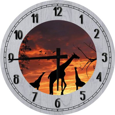 Animals Wall Art Silhouette Giraffes Over Sunset Sunrise African Safari Sahara Large Round Wood Wall Clock Decor 18 Inch Gray
