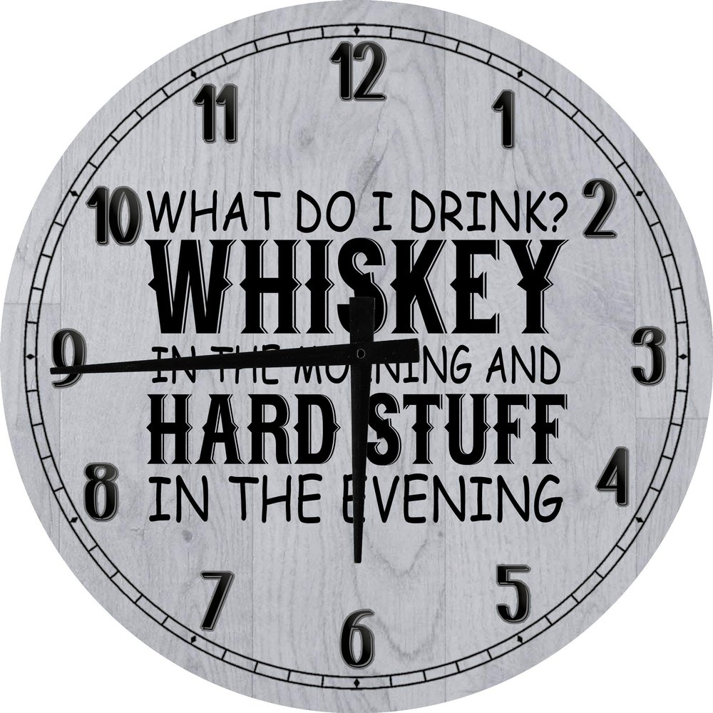 Bar Wall Art Drink Whiskey in The Morning Large Round Wood Wall Clock Decor 18 Inch Gray