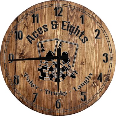 Bar Wall Art Aces & Eights Poker Room Large Round Wood Wall Clock Decor 18 Inch