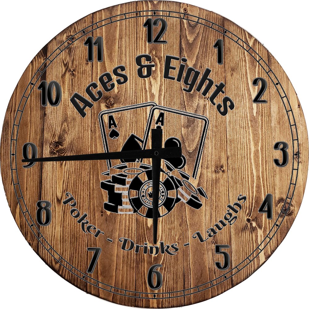 Bar Wall Art Aces & Eights Poker Room Large Round Wood Wall Clock Decor 18 Inch