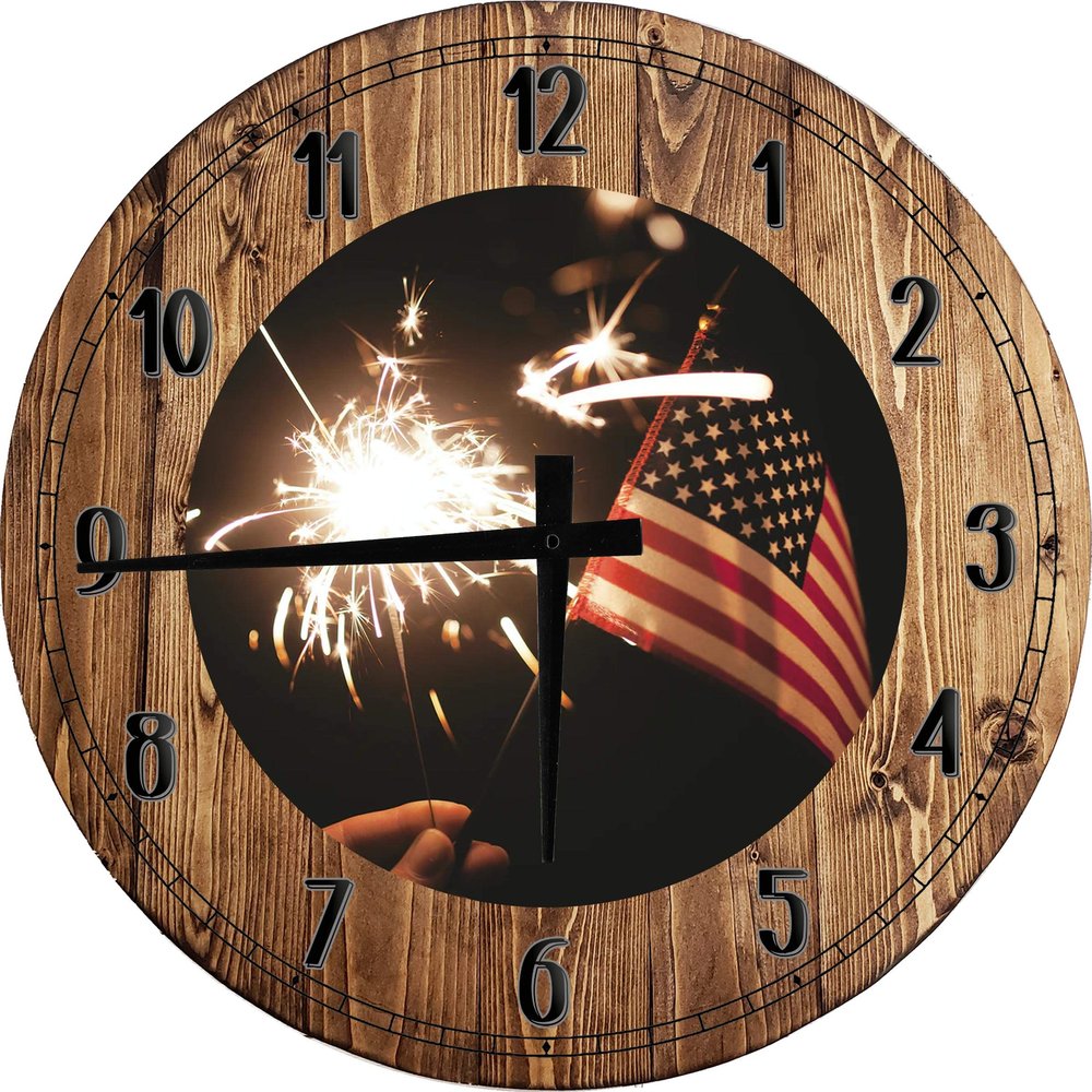 American Flag Wall Art Patriotic for Dining Room Large Round Wood Wall Clock Decor 18 Inch