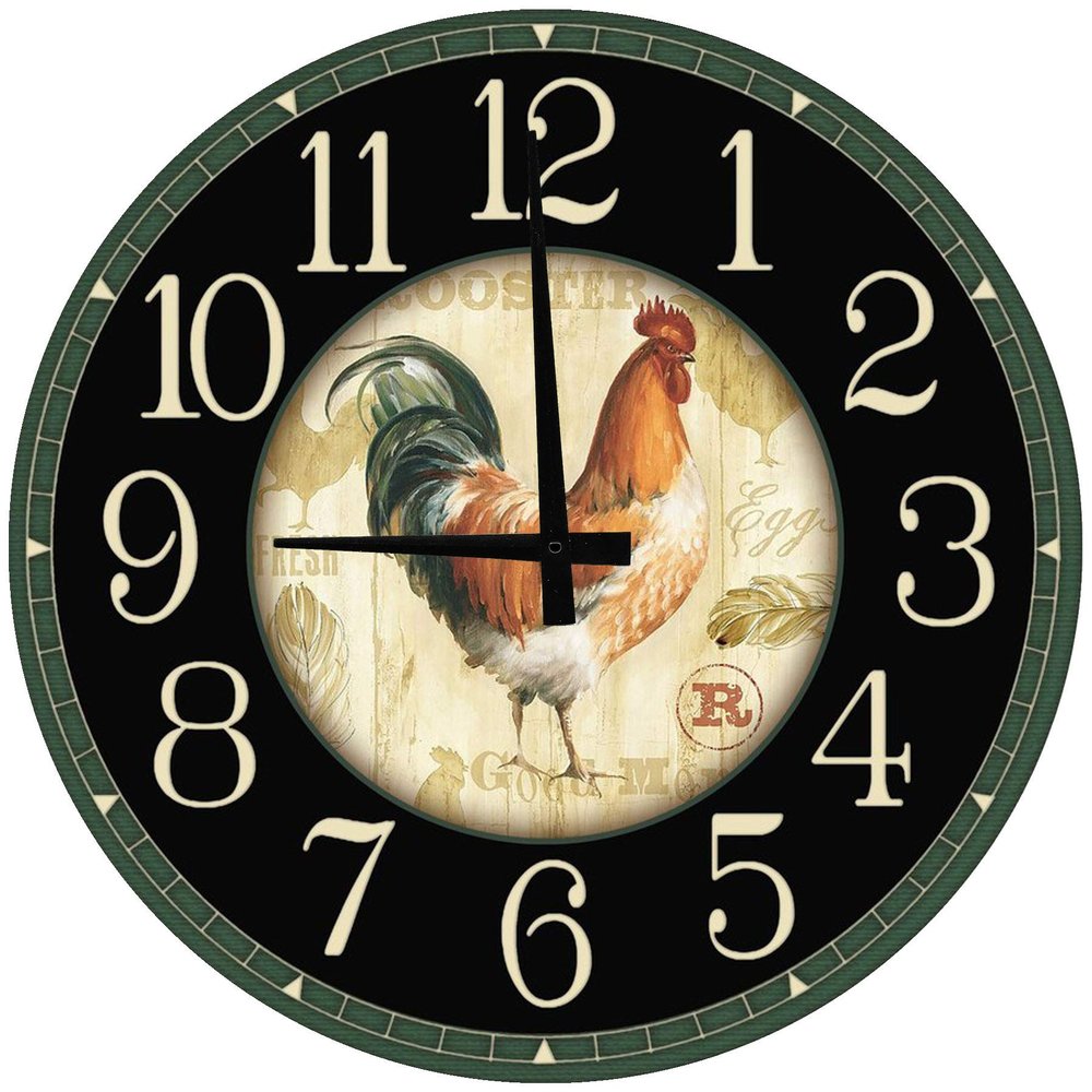 AT Wall Art Chicken Rooster Farmhouse Farm Fresh Large Round Wood Wall Clock Decor 18 Inch Wall Art, CLK-RUS414-Circle18wood