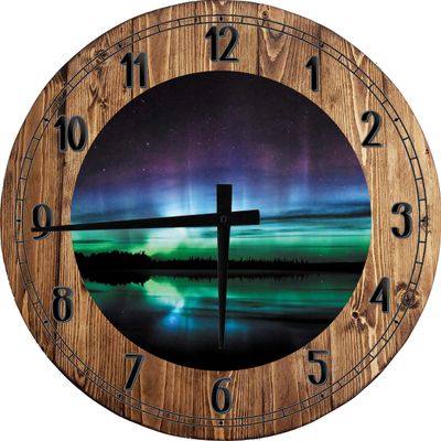 Aurora Borealis Over Alaskan Water, Mountains and Night Sky Large Round Wood Wall Clock Decor 18 Inch Brown Wall Art