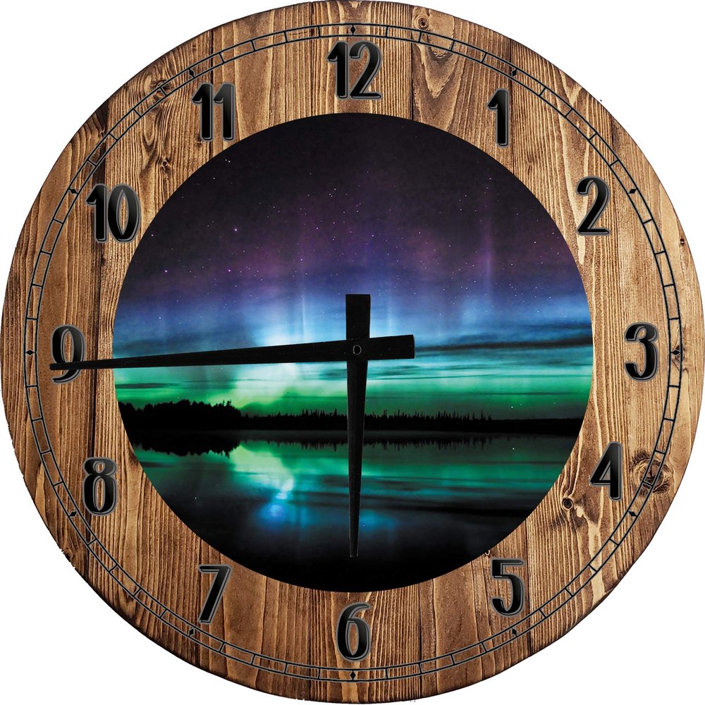 Aurora Borealis Over Alaskan Water, Mountains and Night Sky Large Round Wood Wall Clock Decor 18 Inch Brown Wall Art