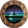 Aurora Borealis Over Alaskan Water, Mountains and Night Sky Large Round Wood Wall Clock Decor 18 Inch Brown Wall Art view 1