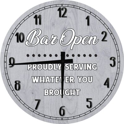 Bar Wall Art Open Proudly Serving Whatever You Brought Large Round Wood Wall Clock Decor 18 Inch Gray