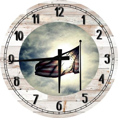 American Wall Art American Flag Waving in Sunlight Large Round Wood Wall Clock Decor 18 Inch White