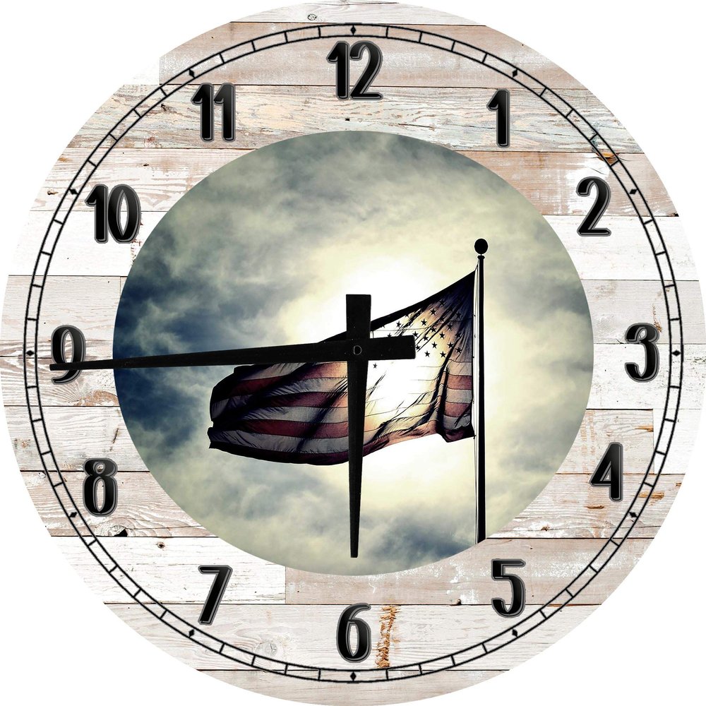 American Wall Art American Flag Waving in Sunlight Large Round Wood Wall Clock Decor 18 Inch White
