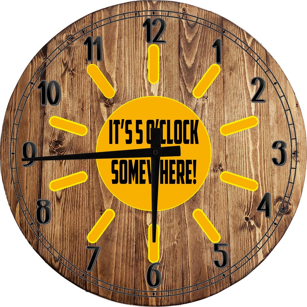 Bar Wall Art It's 5 O' Somewhere Sunshine Large Round Wood Wall Clock Decor 18 Inch