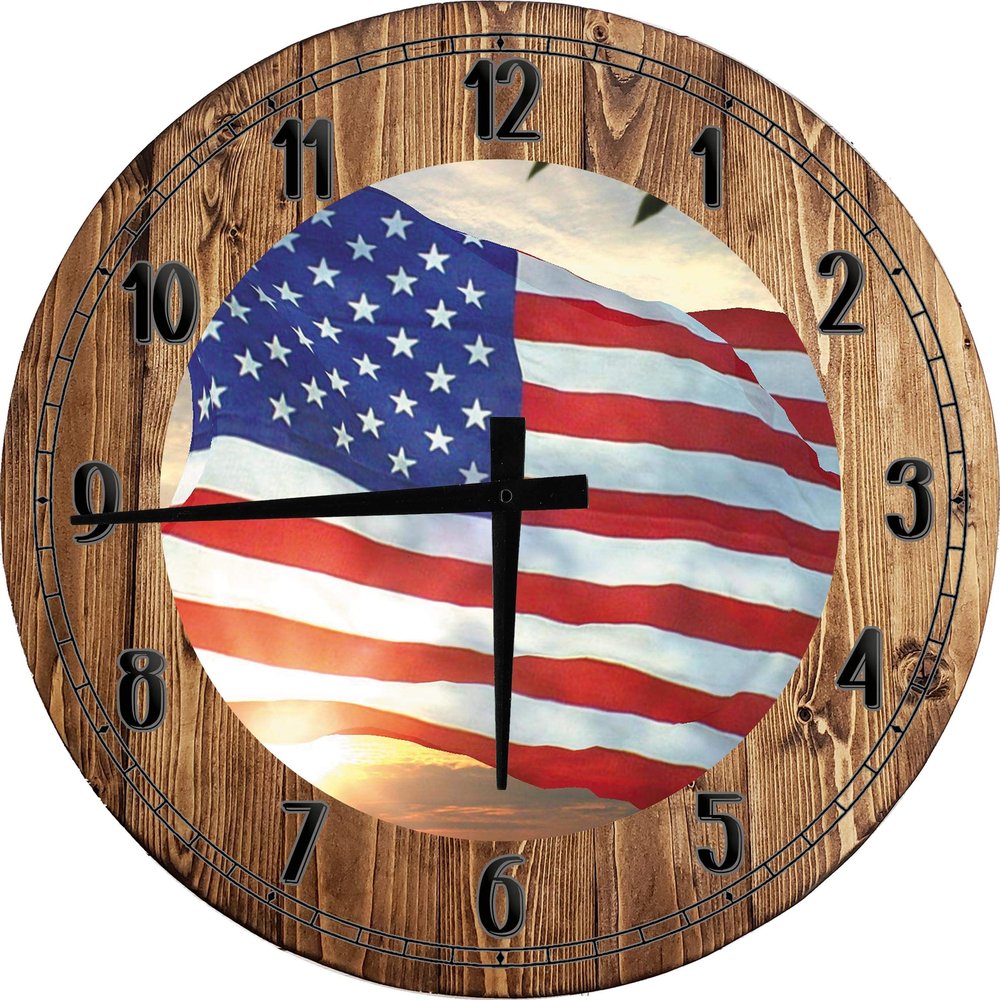American Wall Art Waving American Flag in The Sun - Land of The Free Large Round Wood Wall Clock Decor 18 Inch