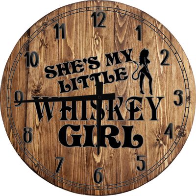 Bar Wall Art She's My Little Whiskey Girl Sexy Devil Large Round Wood Wall Clock Decor 18 Inch