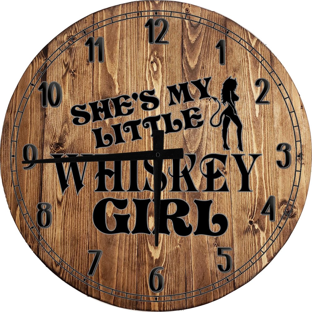 Bar Wall Art She's My Little Whiskey Girl Sexy Devil Large Round Wood Wall Clock Decor 18 Inch