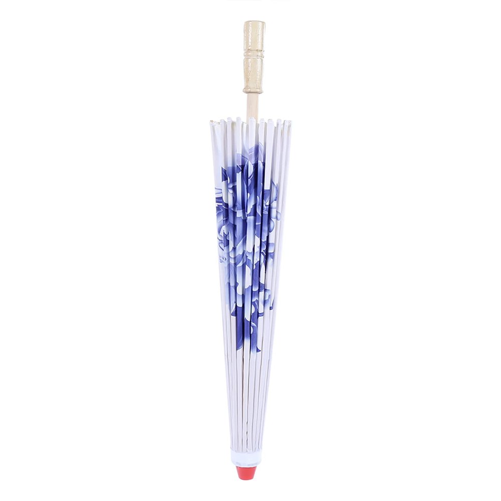 Hilitand Chinese Handmade Paper Umbrella, Elegant Rainproof Sunshade Prop for Dance Wedding Cloth Wood Blue Chinoiserie 32.28in Canopy 21.65in Handle 1 Pack