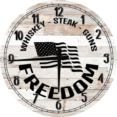 Bar Wall Art Gun Whiskey Steak American Flag Freedom Large Round Wood Wall Clock Decor 18 Inch White