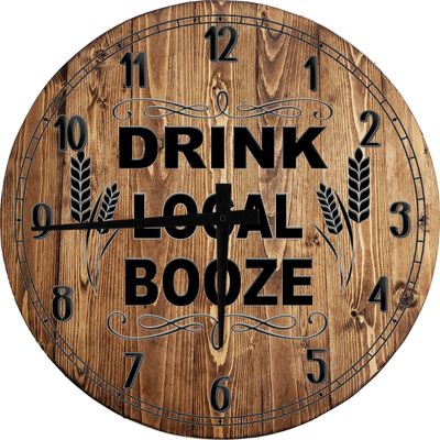 Bar Wall Art Drink Local Booze Large Round Wood Wall Clock Decor 18 Inch