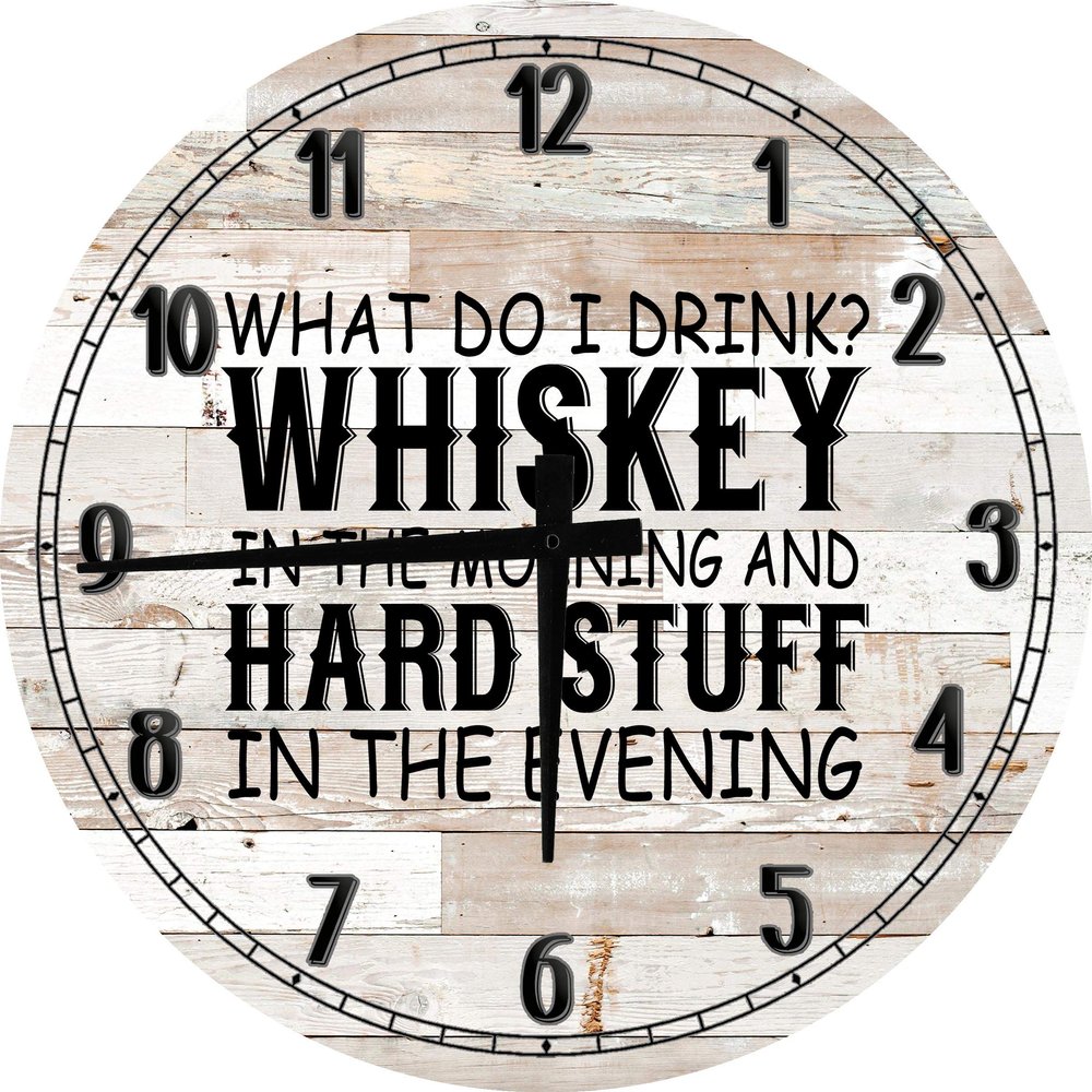 Bar Wall Art Drink Whiskey in The Morning Large Round Wood Wall Clock Decor 18 Inch White