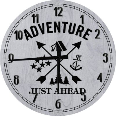 Adventure Just Ahead Camping Woods Anchor Stars Boating Hunting Outdoors Large Round Wood Wall Clock Decor 18 Inch Gray Wall Art