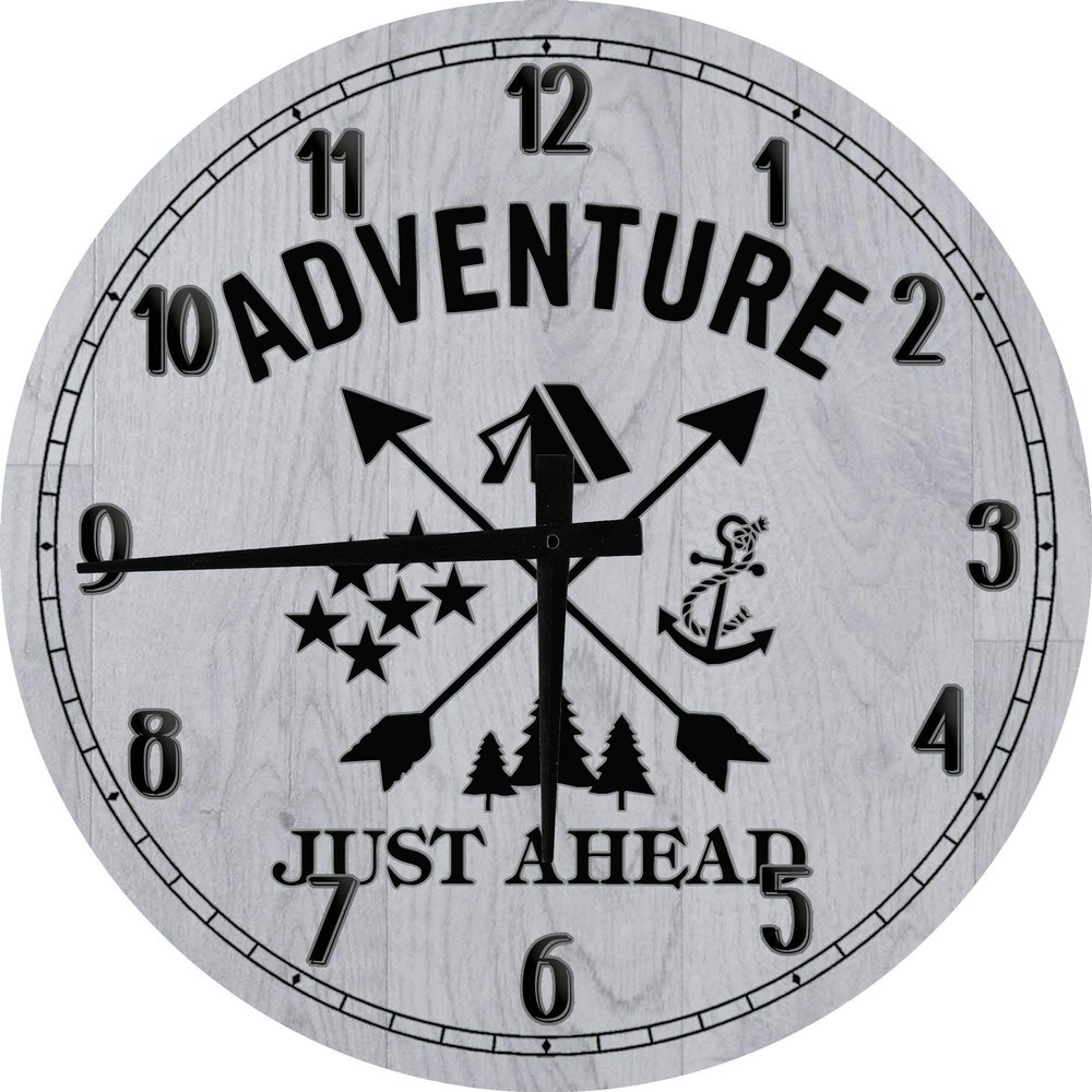 Adventure Just Ahead Camping Woods Anchor Stars Boating Hunting Outdoors Large Round Wood Wall Clock Decor 18 Inch Gray Wall Art