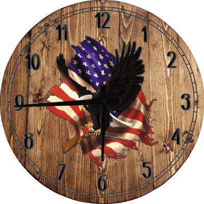 American Bald Eagle Carrying Break Action Shotgun with American Flag Large Round Wood Wall Clock Decor 18 Inch Gray Wall Art