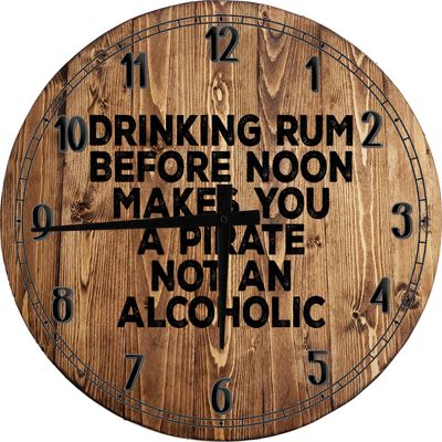 Bar Wall Art Drinking Rum Before Noon Makes You a Pirate Large Round Wood Wall Clock Decor 18 Inch