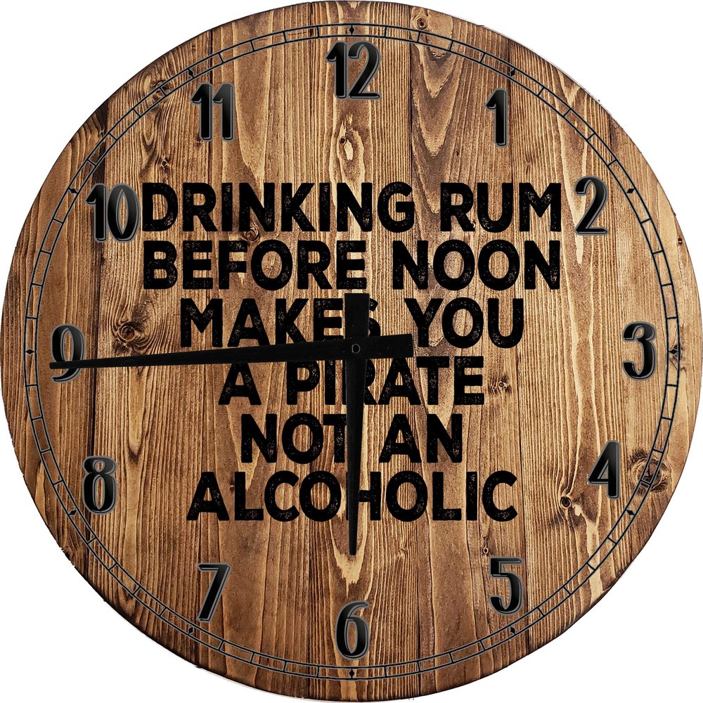 Bar Wall Art Drinking Rum Before Noon Makes You a Pirate Large Round Wood Wall Clock Decor 18 Inch