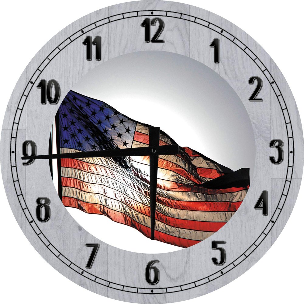 American Wall Art American US Flag Large Round Wood Wall Clock Decor 12 Inch Gray