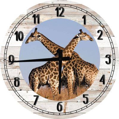 African Wall Art Giraffe Couple in The African Sahara Large Round Wood Wall Clock Decor 12 Inch White