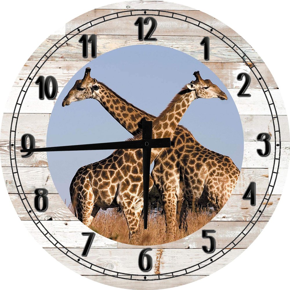 African Wall Art Giraffe Couple in The African Sahara Large Round Wood Wall Clock Decor 12 Inch White