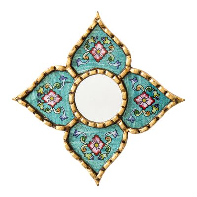 DecorContreras Peruvian Artisan Mirror for wall Decor Small Diamond/Square wall Mirror with Bronze Leaf Frame (Turquoise)