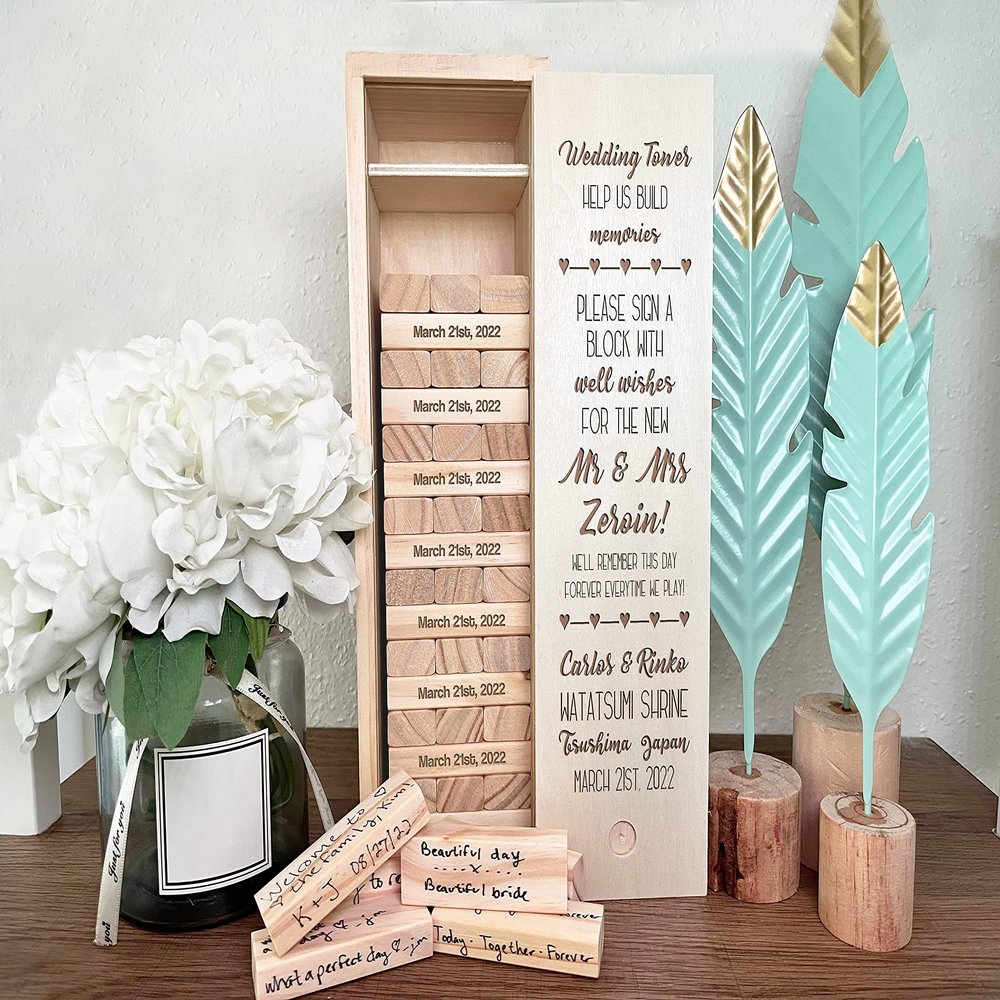 WE Games Personalized Wedding Guest Book Alternative, Wooden Memory Keepsake Box, 54 Blocks, Custom Engraved Build Memories