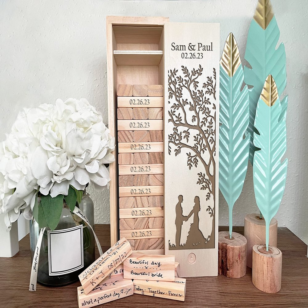 WE Games Personalized Guest Book Alternative, Wooden Memory Keepsake Box, 54 Blocks, Custom Engraved Couple with Tree - Engagement Party, Wedding Shower, Bachelorette Party