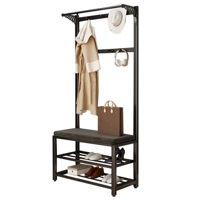 LHHL 4-in-1 Entryway Coat Rack Stand with Seat Bench and Shoe Rack Free Standing Hall Tree Industrial Coat Tree Metal Frame Coat Stand with Hooks (Color : Black, Size : 60x33x170cm)