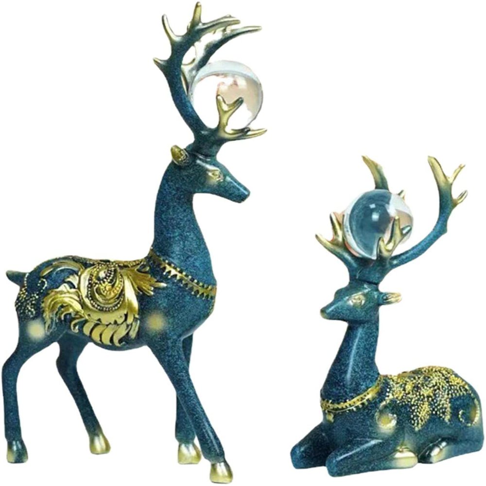 2pcs Couple Deer Figurine Resin Deer Sculpture Deer Figurines with Crystal Ball Lucky Deer Ornament for Christmas TV Stand Bookshelf Decor - Blue