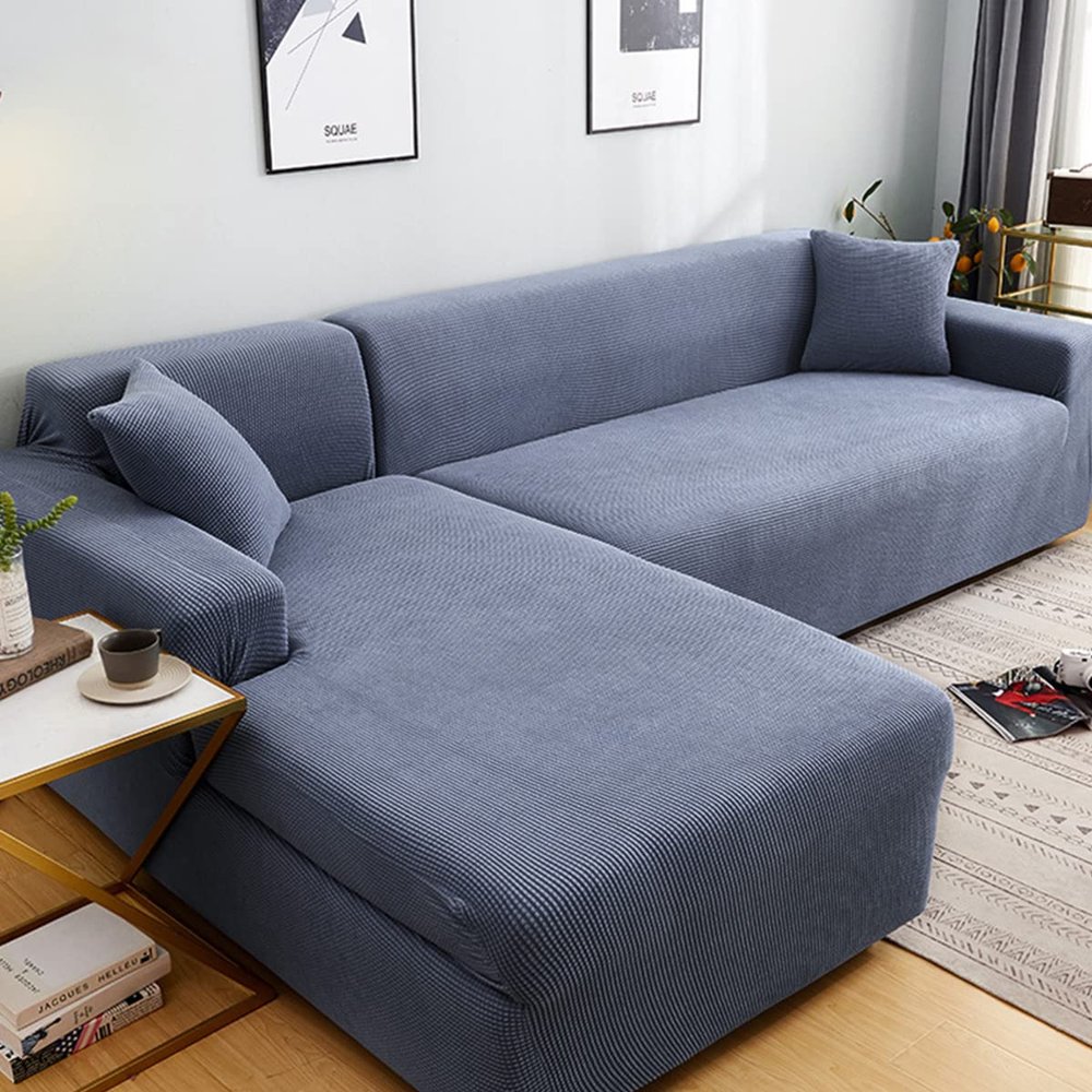 Thick Couch Covers For 1 2 3 4 Seater, Sectional Sofa Sectional Couch Covers L Shape Stretch Slipcover For Living Room Dogs Pets, Washable Durable Furniture Protector Polar Fleece,grey blue4 seats