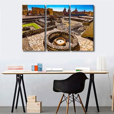 3 Piece Canvas Wall Decor Beautiful View of Templo Mayor in Mexico City Poster Mexican Museum Painting Artwork Canvas Print for Room Bedroom Living Room Decorations Framed Ready to Hang - 28"W x 42"H