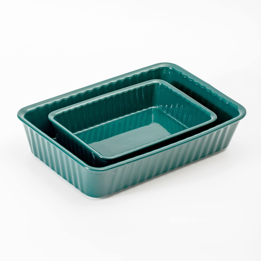 2-Piece Ceramic Baking Dish Set, Rectangular Lasagna Pans (12x8 inch & 8.95x6 inch) - Oven, Microwave, Dishwasher Safe Casserole Dishes for Cooking, Serving, and Storage (Emerald)