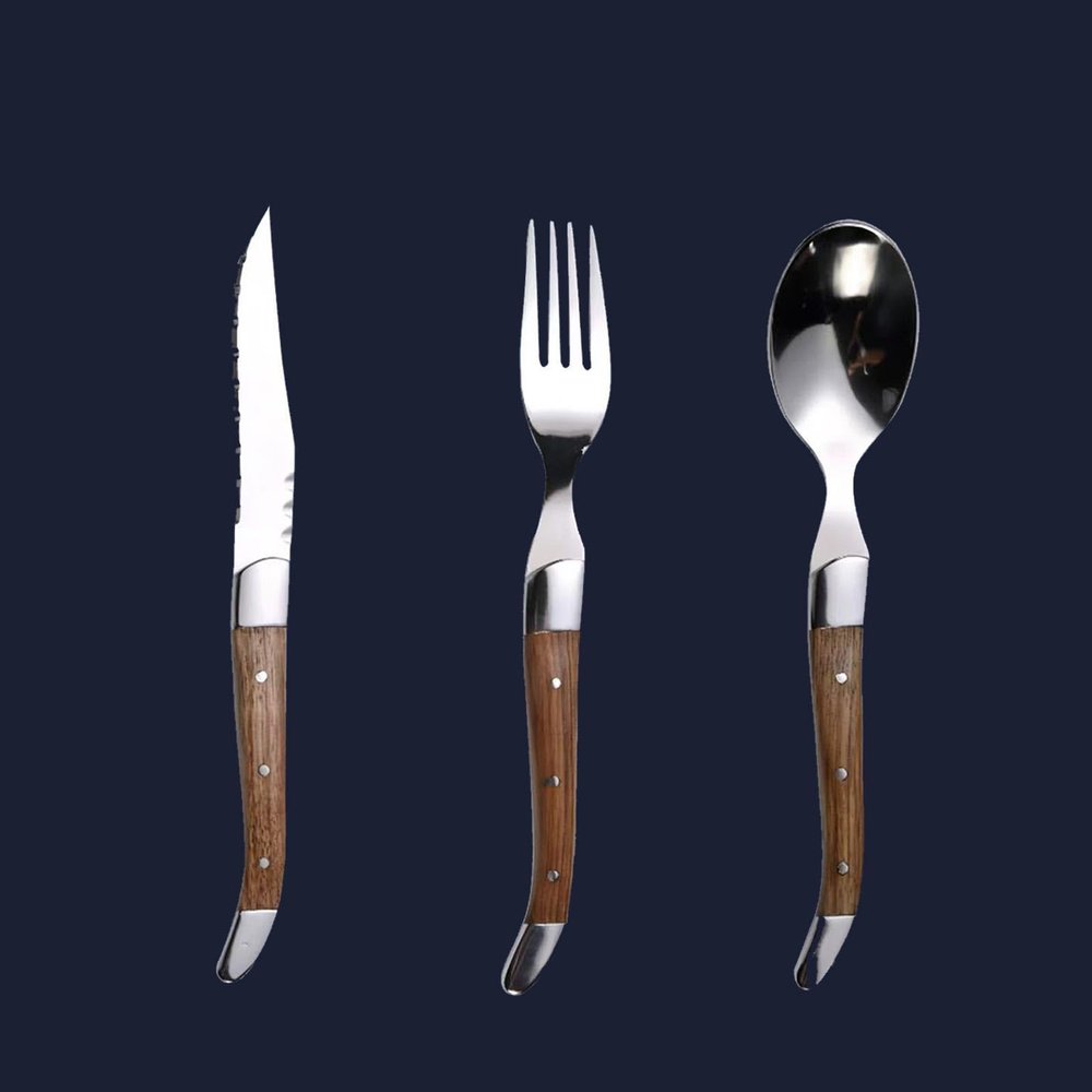 24 Piece Silverware Set, Flatware Set for 8, 1810 Stainless Steel Tableware Cutlery Set With Golden teak wood handle, Utensil Sets for Kitchen,Dishwasher Safe (24pcs)