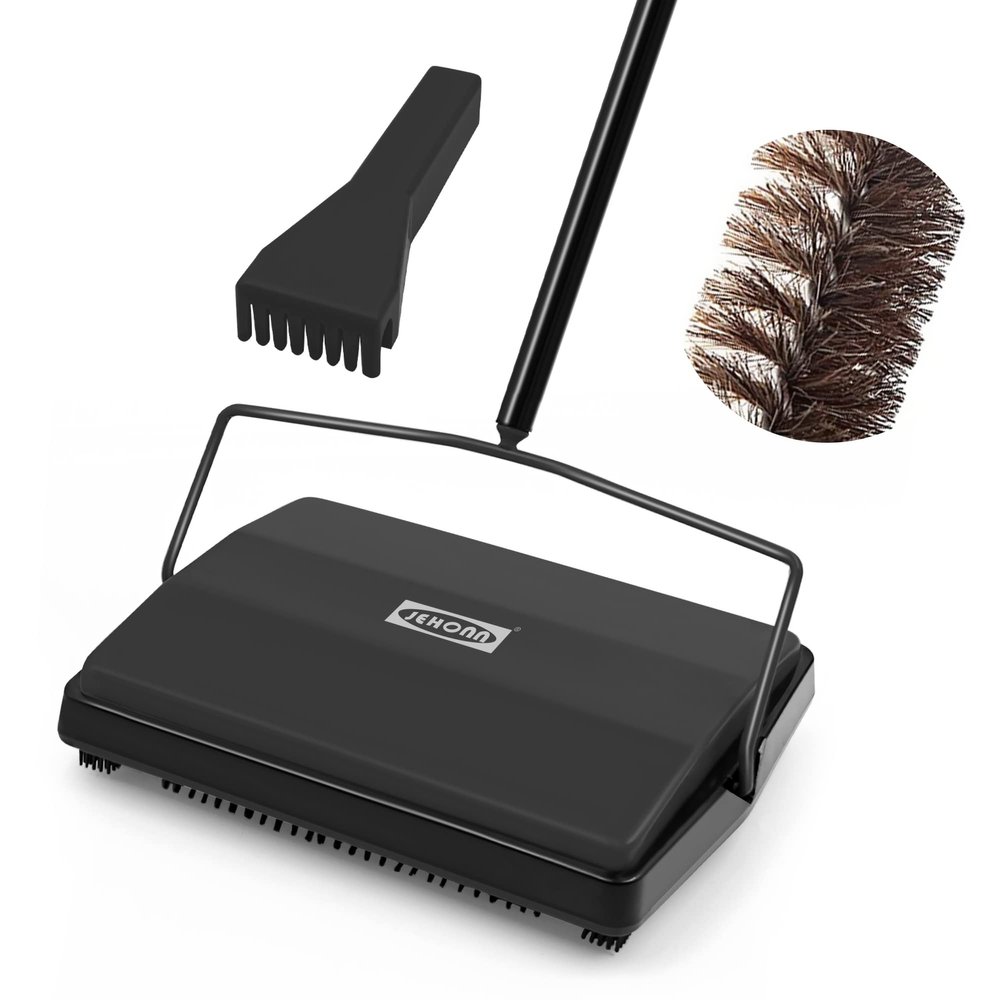 JEHONN Carpet Floor Sweeper Manual with Horsehair, Non Electric Quite Rug Roller Brush Push for Cleaning Pet Hair, Loose Debris, Lint (Black)