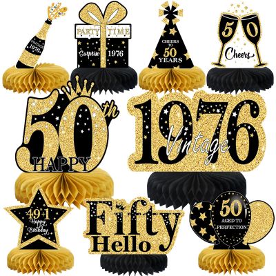 9 Pcs 50th Birthday Decorations Honeycomb Centerpieces for Women Men, Black Gold 1976 Aged to Perfection Vintage Centerpieces for Tables Toppers,Fifty Years Party Decorations Supplies