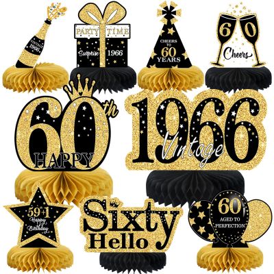 9 Pcs 60th Birthday Decorations Honeycomb Centerpieces for Women Men, Black Gold 1966 Aged to Perfection Vintage Centerpieces for Tables Toppers,Sixty Years Party Decorations Supplies