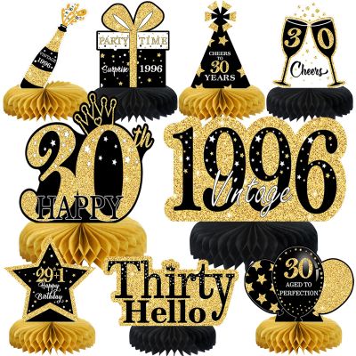 9 Pcs 30th Birthday Decorations Honeycomb Centerpieces for Women Men, Black Gold 1996 Aged to Perfection Vintage Centerpieces for Tables Toppers,Thirty Years Party Decorations Supplies
