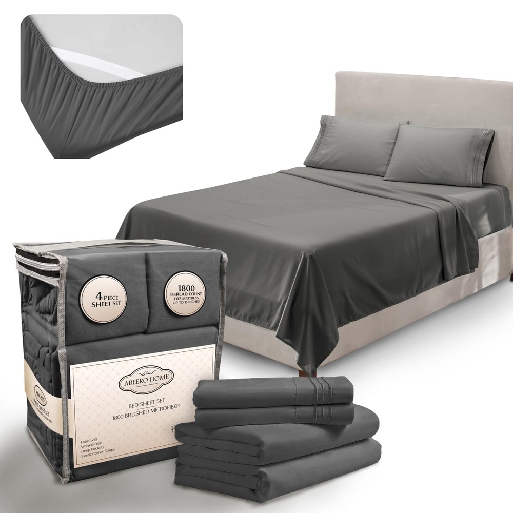 Abeero Home California King Sheet Sets - Luxury Hotel Bed Sheets - Soft Cooling Sheets with Elastic Corner Straps - Deep Pockets Microfiber - Bedding Sheet & Pillowcases - 4 PC (Cal King Size, Gray)