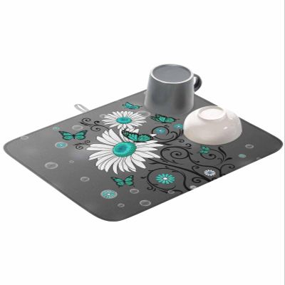 Dish Drying Mat for Kitchen Retro Floral Teal Turquoise Daisy Butterfly Dry Mat Absorbent Reversible Microfiber Kitchen Counter Drying Mat Flower on Grey Dish Drainer Mat Kitchen Accessories 18"x24"
