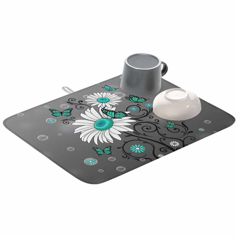 Dish Drying Mat for Kitchen Retro Floral Teal Turquoise Daisy Butterfly Dry Mat Absorbent Reversible Microfiber Kitchen Counter Drying Mat Flower on Grey Dish Drainer Mat Kitchen Accessories 18"x24"