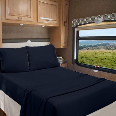 RV Camper Queen 60" X 80" Sheet Set 400 Thread Count 100% Egyptian Cotton 10-Inch Deep Pockets Made for RV, Camper, Motorhomes, Boat, Soft Luxury & Breathable, 4-PC RV-Sheets - Navy Blue Solid